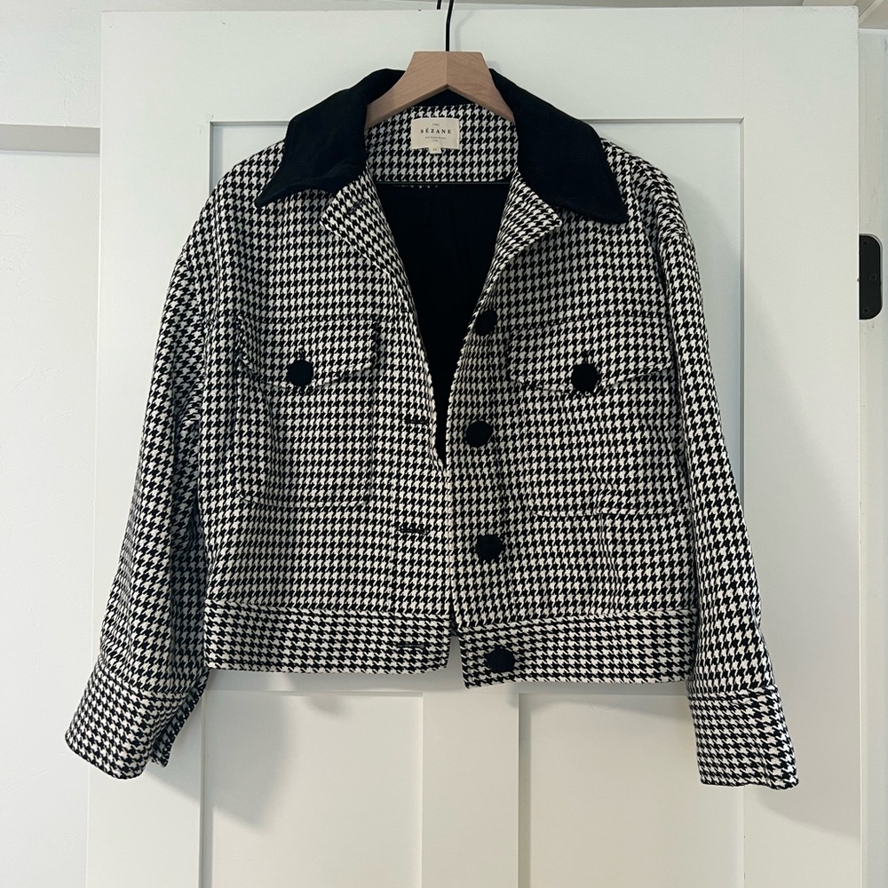 Sezane Erwann Black and White Houndstooth Jacket